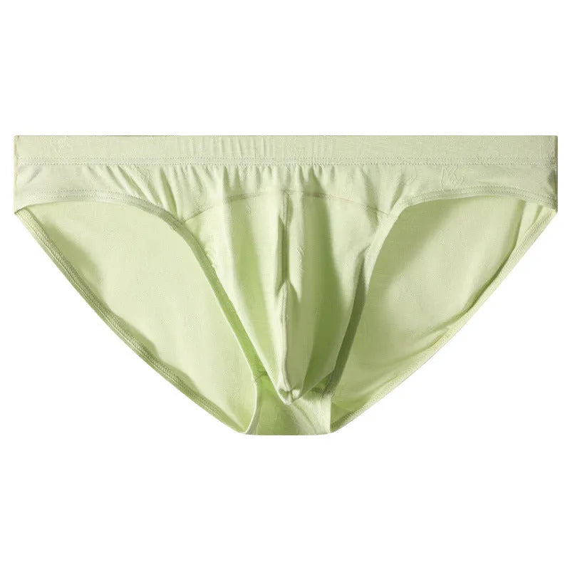 Modal low waist briefs in dark gray, green, sky blue, pink, and colorful blue with jacquard ice silk finish, sizes M to XXL.