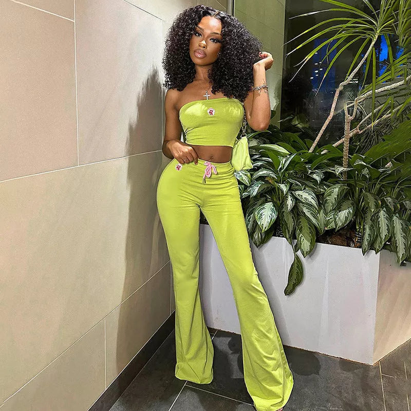 Women's summer two-piece set with embroidery tube top and high-waist bell-bottom pants