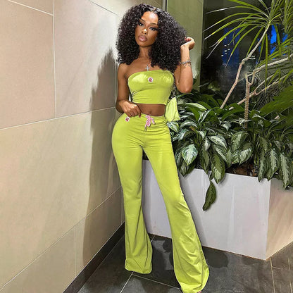 Women's summer two-piece set with embroidery tube top and high-waist bell-bottom pants