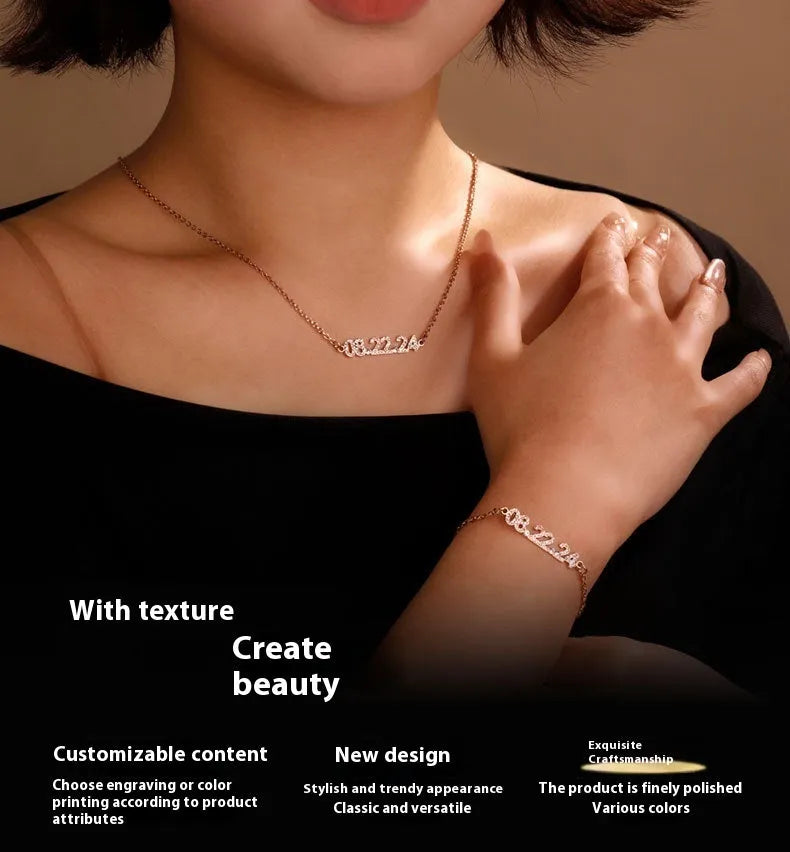Stainless steel digital bracelet with diamond-set numbers on a wrist, showing gold, rose gold, and steel colour options.