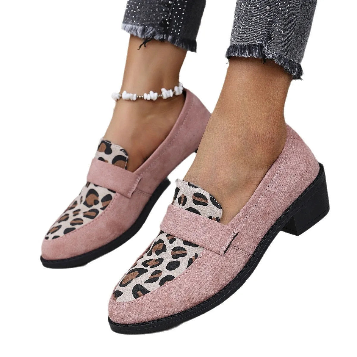Leopard print slip-on suede pumps with a chunky mid-heel and pointed toe in brown