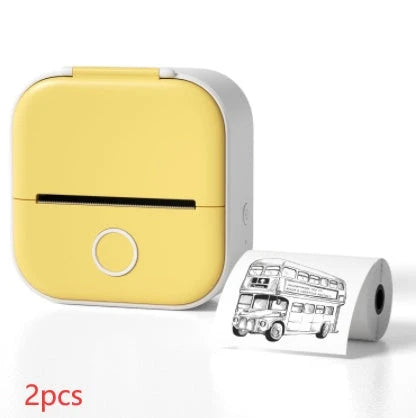 Compact Bluetooth-enabled thermal label printer in white, pink, and green colors with various label options
