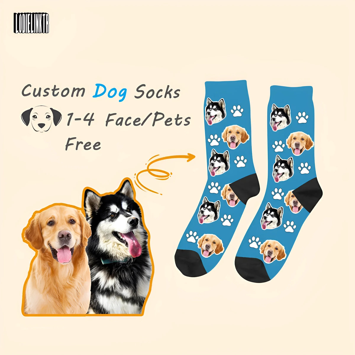Custom printed mid-calf tube sock with a cartoon pattern from a personal photo.