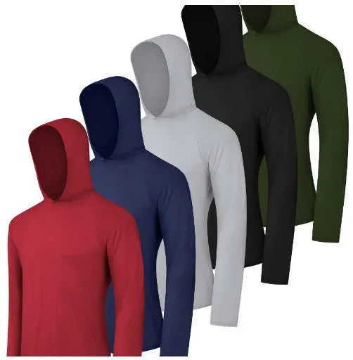 Four coordinated men's hoodies in lightweight elastic polyester fabric showing hooded and non-hooded style options