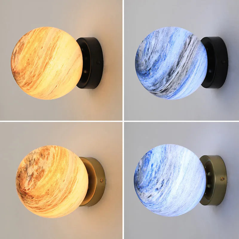 Planet bedside lamp with wrought iron body, glass shade, E27 holder, black or copper finish
