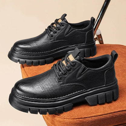 Men's black genuine leather platform shoes with lace-up closure and rubber sole