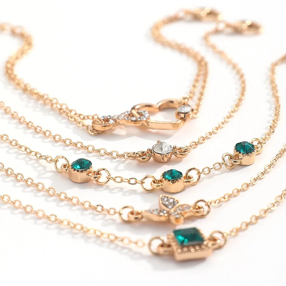 Bohemian 5-piece green crystal bracelets set for women featuring a unique heart design