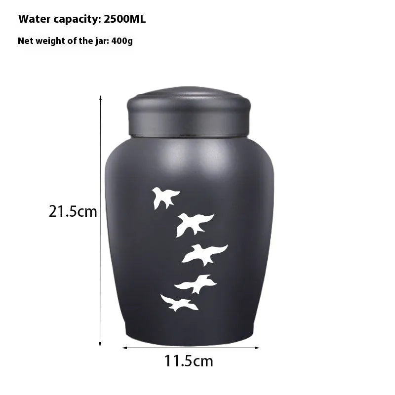 Stainless steel funerary urn with hand-painted Chinese design, large 2500ml capacity.