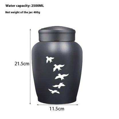 Stainless steel funerary urn with hand-painted Chinese design, large 2500ml capacity.