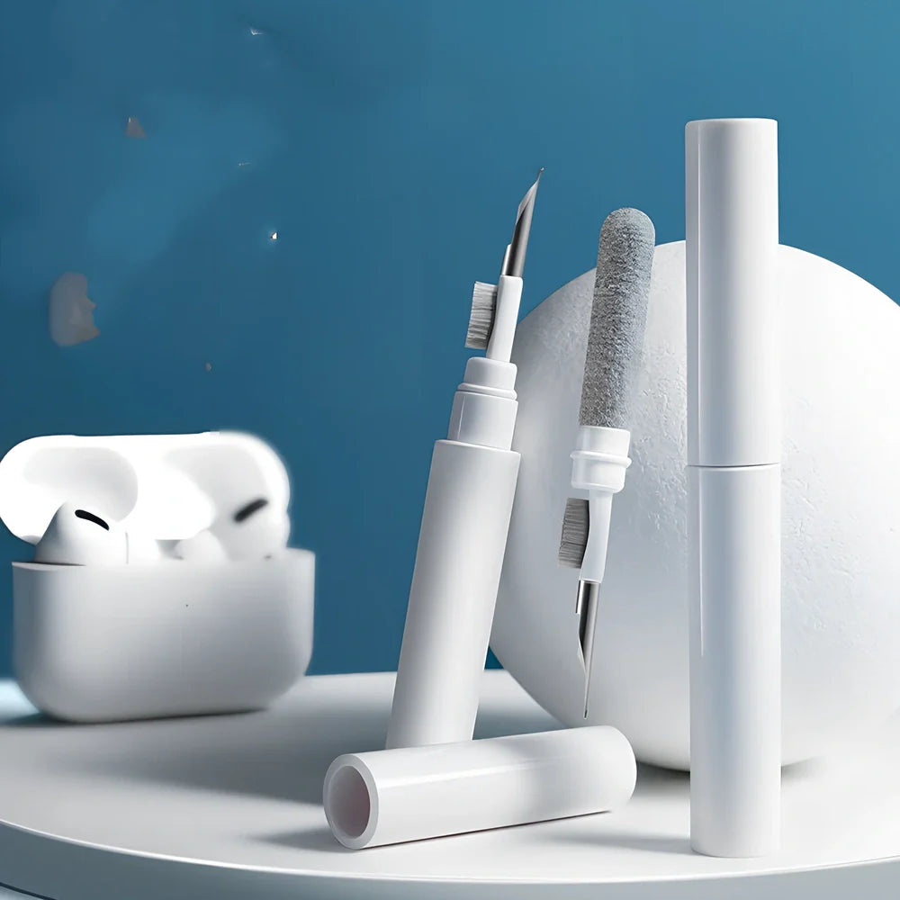 White dual-end earphone cleaning pen, 13 cm long with bristle brush and metal tip for dust and wax removal