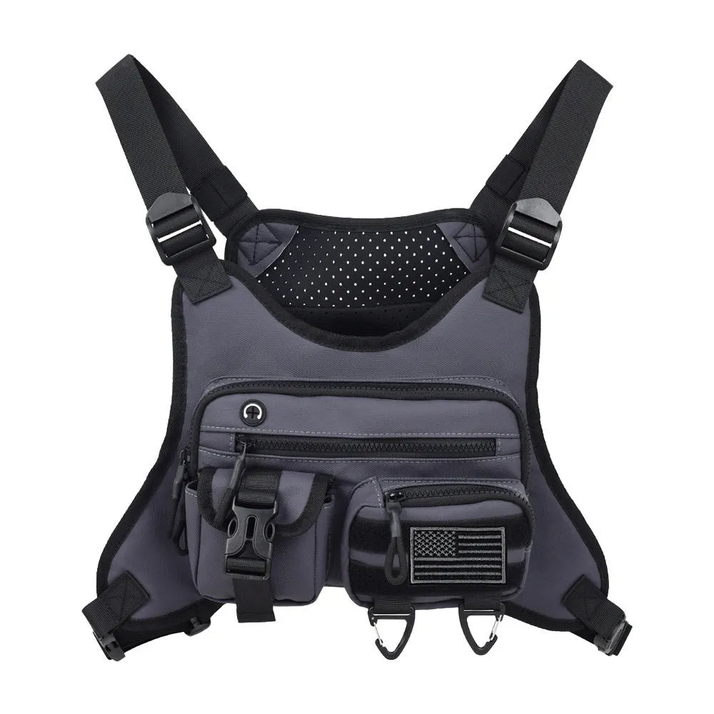 Black outdoor sports chest bag with vest straps and sewing line detailing.