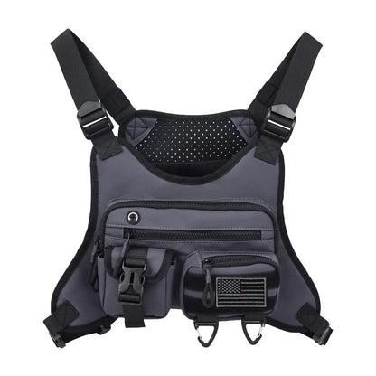Black outdoor sports chest bag with vest straps and sewing line detailing.