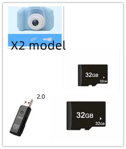 X2 HD mini digital camera for kids in silicone case with lanyard, shown capturing photo on 2-inch screen.