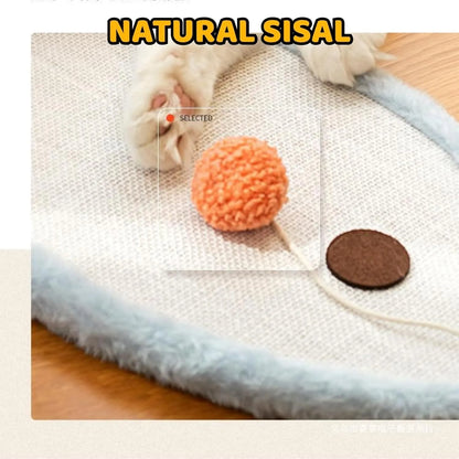 White natural sisal cat scratching mat with sleeping cat cartoon design, mounted on a wall.