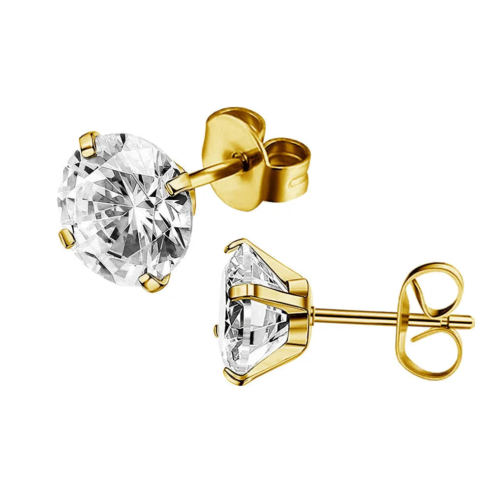 Simple geometric square and round zircon stud earrings in stainless steel with gold and steel colour finishes.