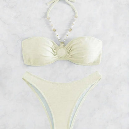 Women's halter beach bikini in solid colour with briefs, polyester spandex construction