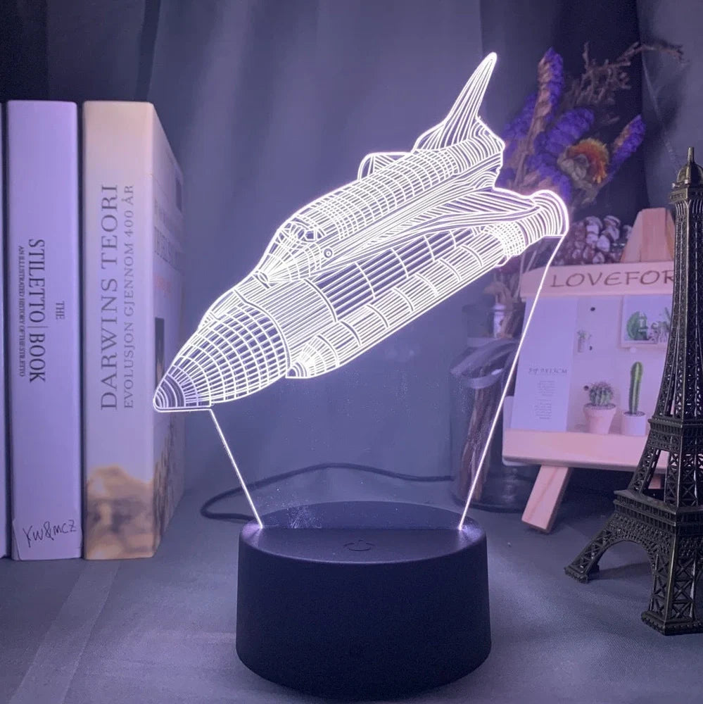 Custom 3D aeroplane hologram night light with personalised name, showing optical acrylic panel and ABS base