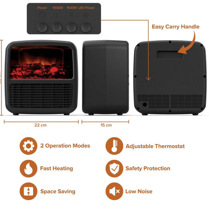 Compact black electric desktop heater with ceramic heating technology and mechanical controls for winter warmth