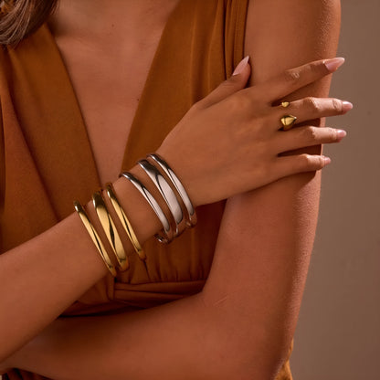 Geometric stainless steel bracelet with simple opening design and 18K gold electroplating