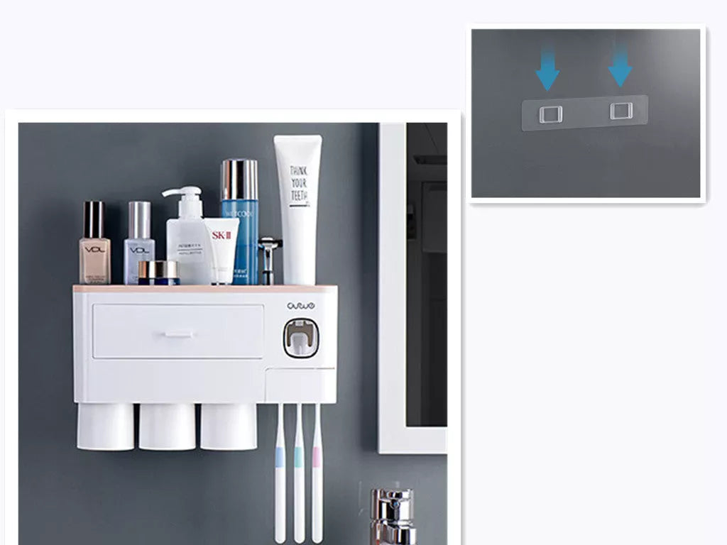 Non-marking hanging magnetic toothbrush holder with toothpaste squeezer and quick-drying cups
