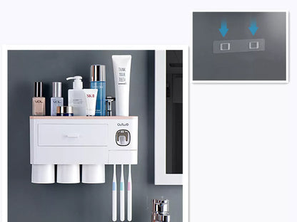 Non-marking hanging magnetic toothbrush holder with toothpaste squeezer and quick-drying cups