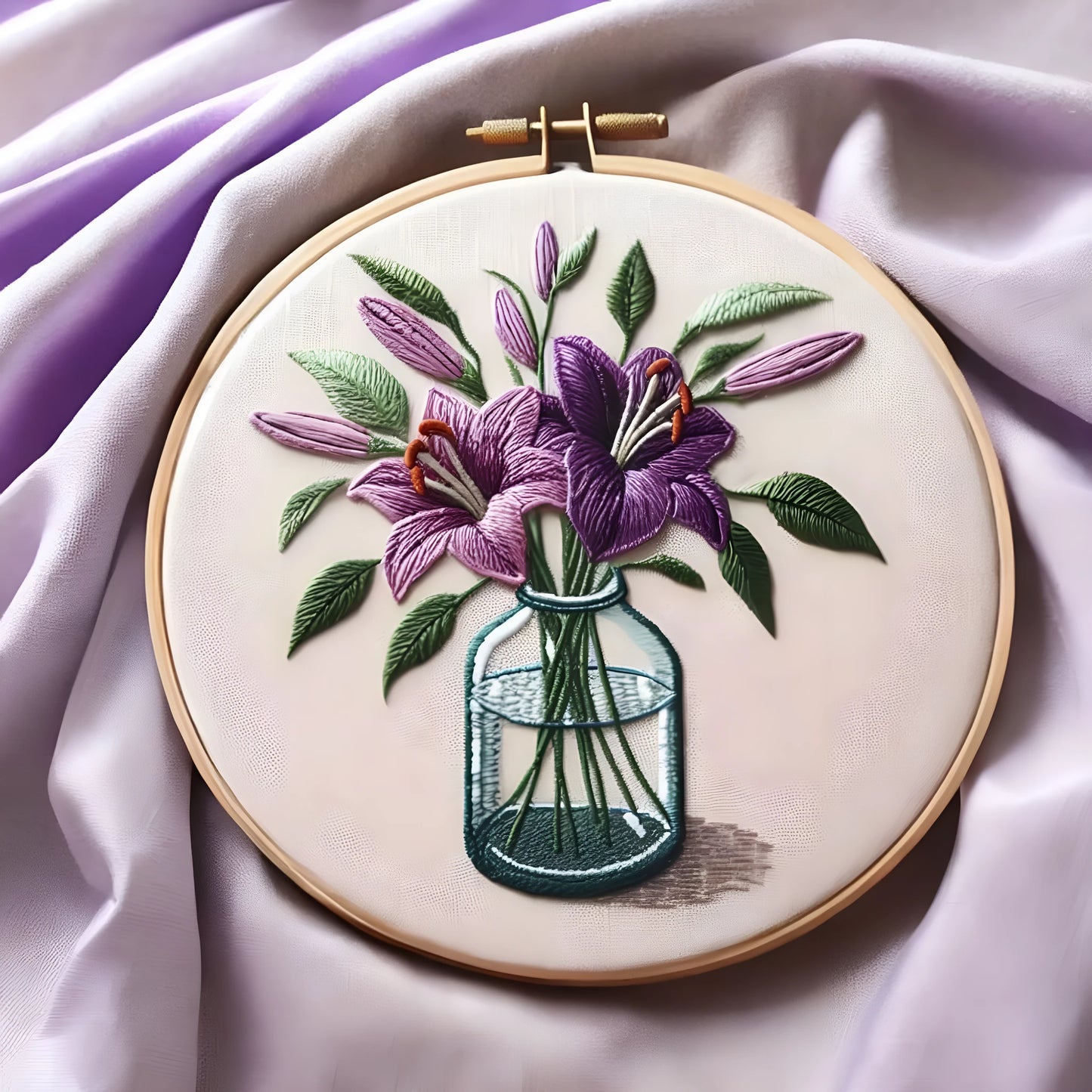 Purple lily flower embroidery kit with 28cm square cotton-linen fabric and bamboo hoop frame