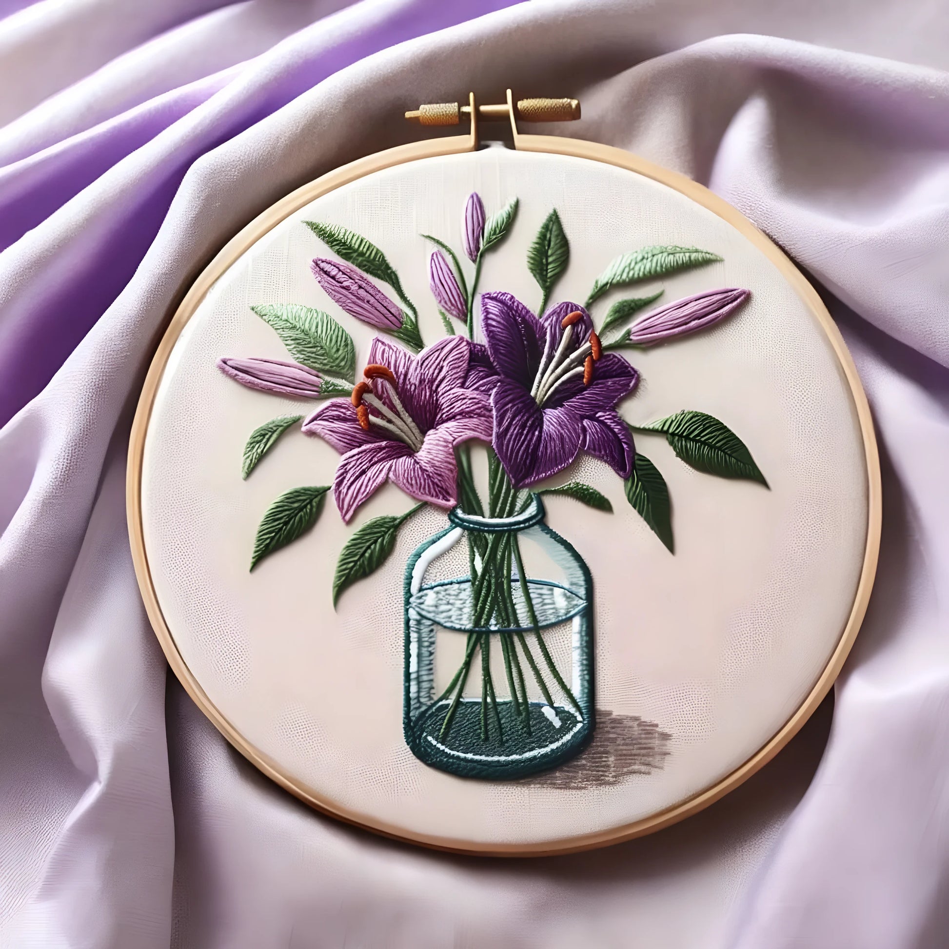 Purple lily flower embroidery kit with 28cm square cotton-linen fabric and bamboo hoop frame