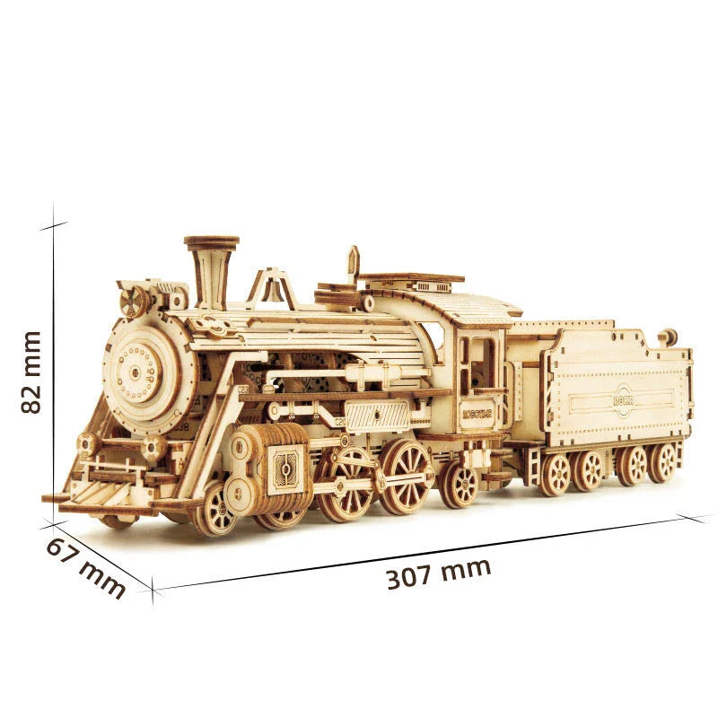 Premium model wooden train kit with 308 precision-cut wooden pieces for a rewarding DIY assembly project