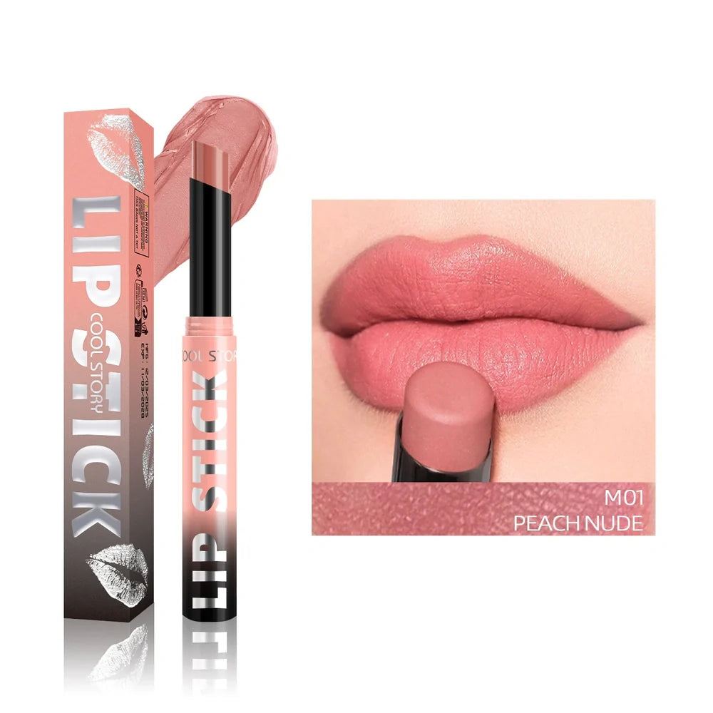 Dual-use lipstick and lip gloss stick showing eight shade options from nude to berry colours