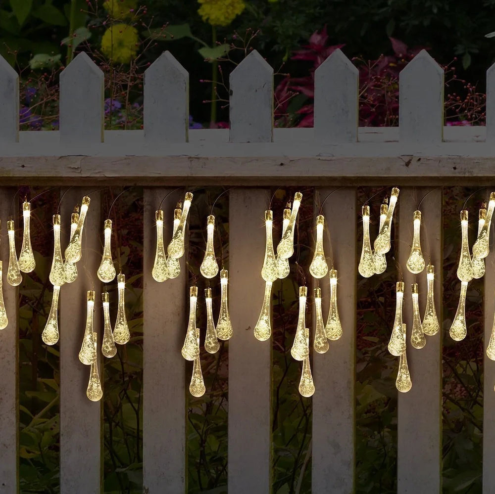 30 LED solar water drop string lights, 6.5m waterproof with 2x8cm ABS pendants and ground spike for gardens
