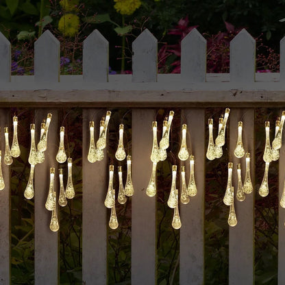 30 LED solar water drop string lights, 6.5m waterproof with 2x8cm ABS pendants and ground spike for gardens