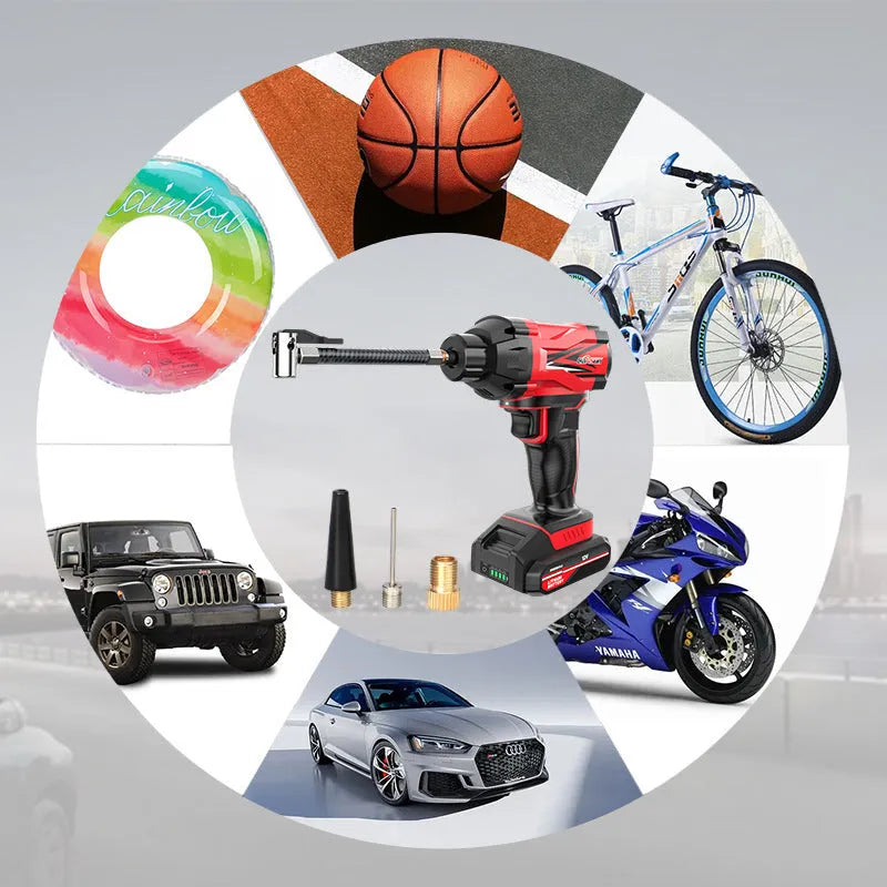 Red and black portable car wireless air pump with battery, cables, and multiple nozzles for tyres and sports equipment.