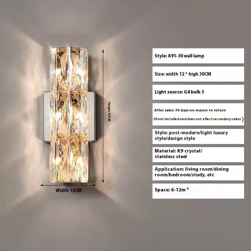 Silver or gold linear crystal wall lamp with LED lighting in various lengths for hallway or bedroom.