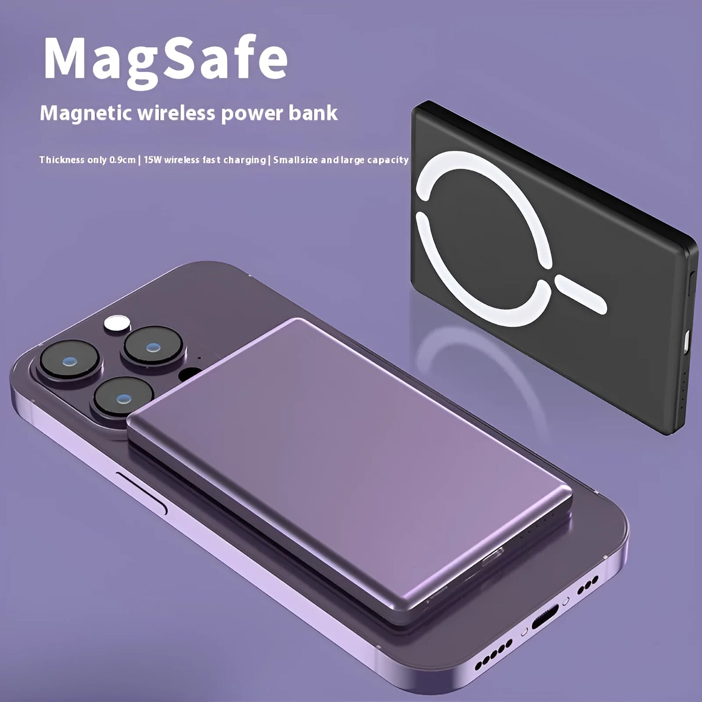 Slim dark grey magnetic power bank attached to the back of an iPhone, showing its thin profile and metallic finish.
