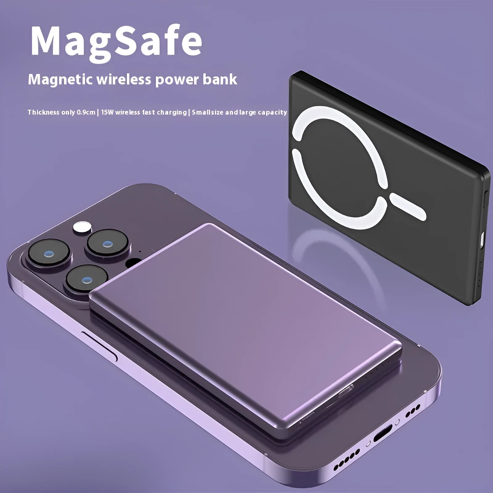 Slim dark grey magnetic power bank attached to the back of an iPhone, showing its thin profile and metallic finish.