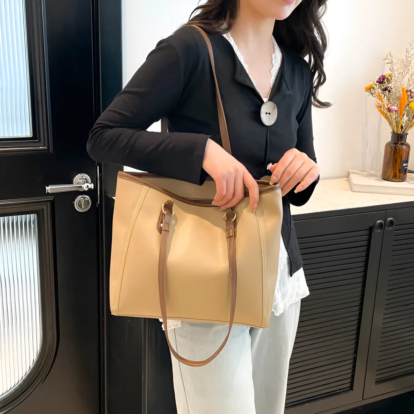 Horizontal square PU leather tote bag with multiple internal compartments in four colour options
