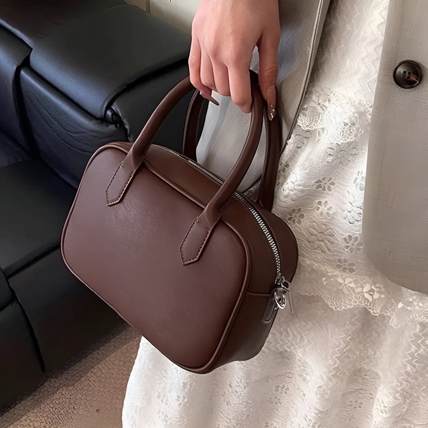 Small square retro messenger bag with single shoulder strap in black or coffee colour