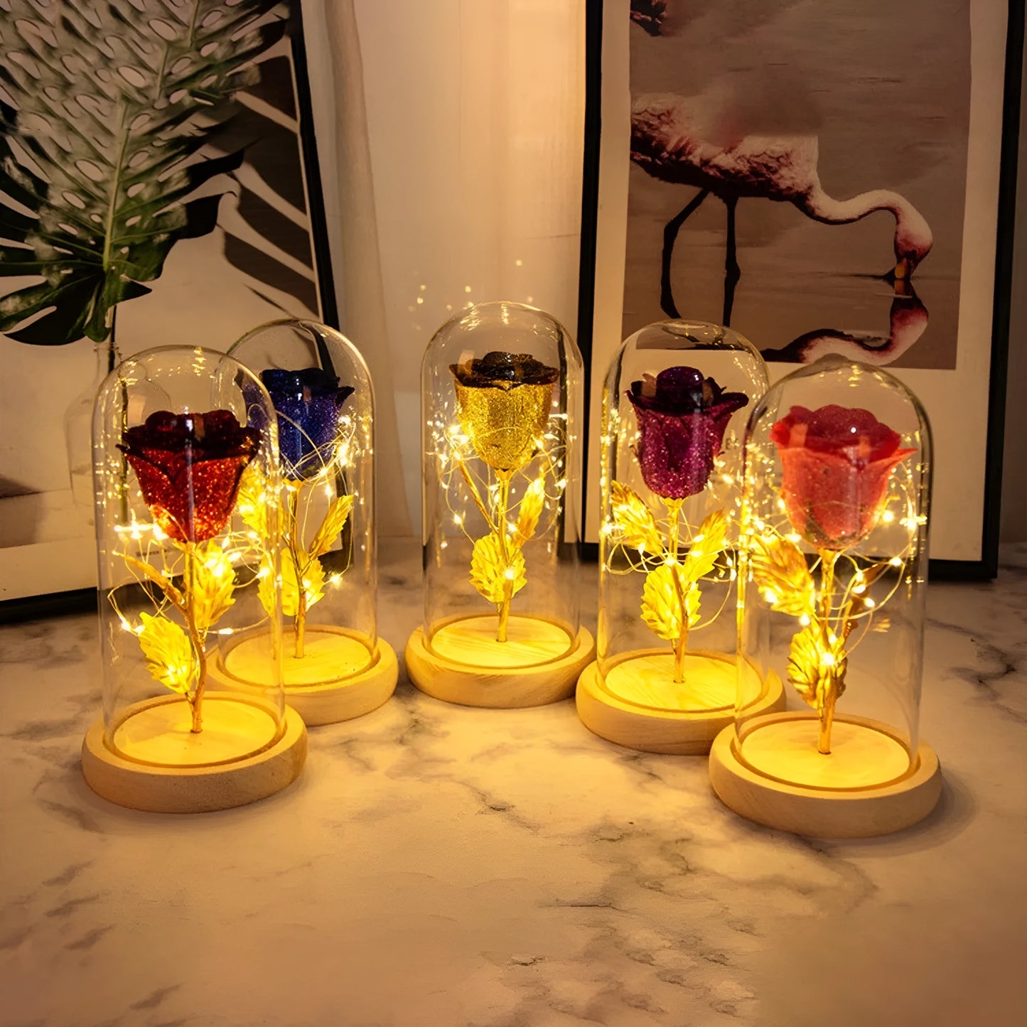 Eternal rose in glass dome with LED string lights, colour options include red, gold, grey, rose red, blue, pink