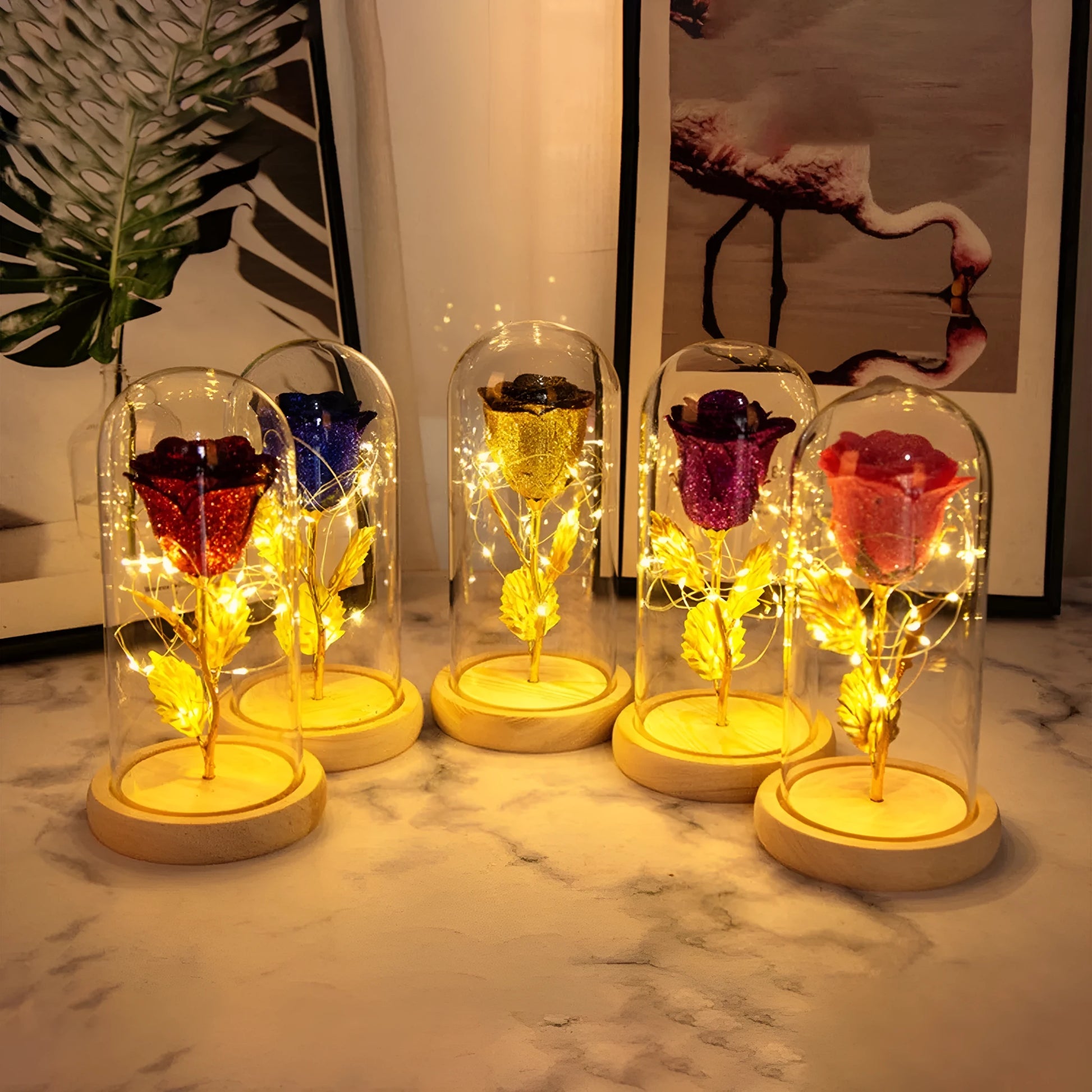 Eternal rose in glass dome with LED string lights, colour options include red, gold, grey, rose red, blue, pink