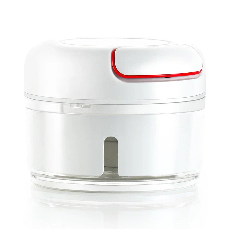 A versatile manual food chopper with self-locking blade mechanism, suitable for chopping a variety of ingredients in the kitchen.