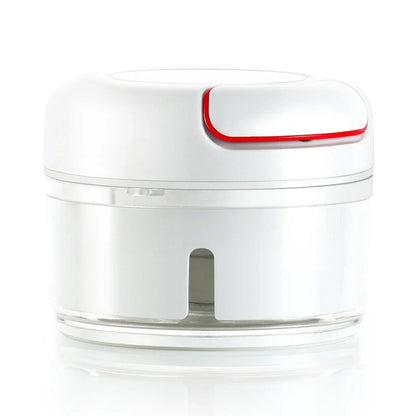 A versatile manual food chopper with self-locking blade mechanism, suitable for chopping a variety of ingredients in the kitchen.