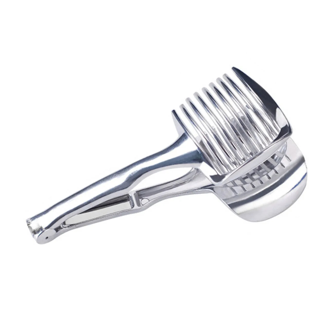 Silver plastic foldable lemon slicer kitchen gadget on a white background.