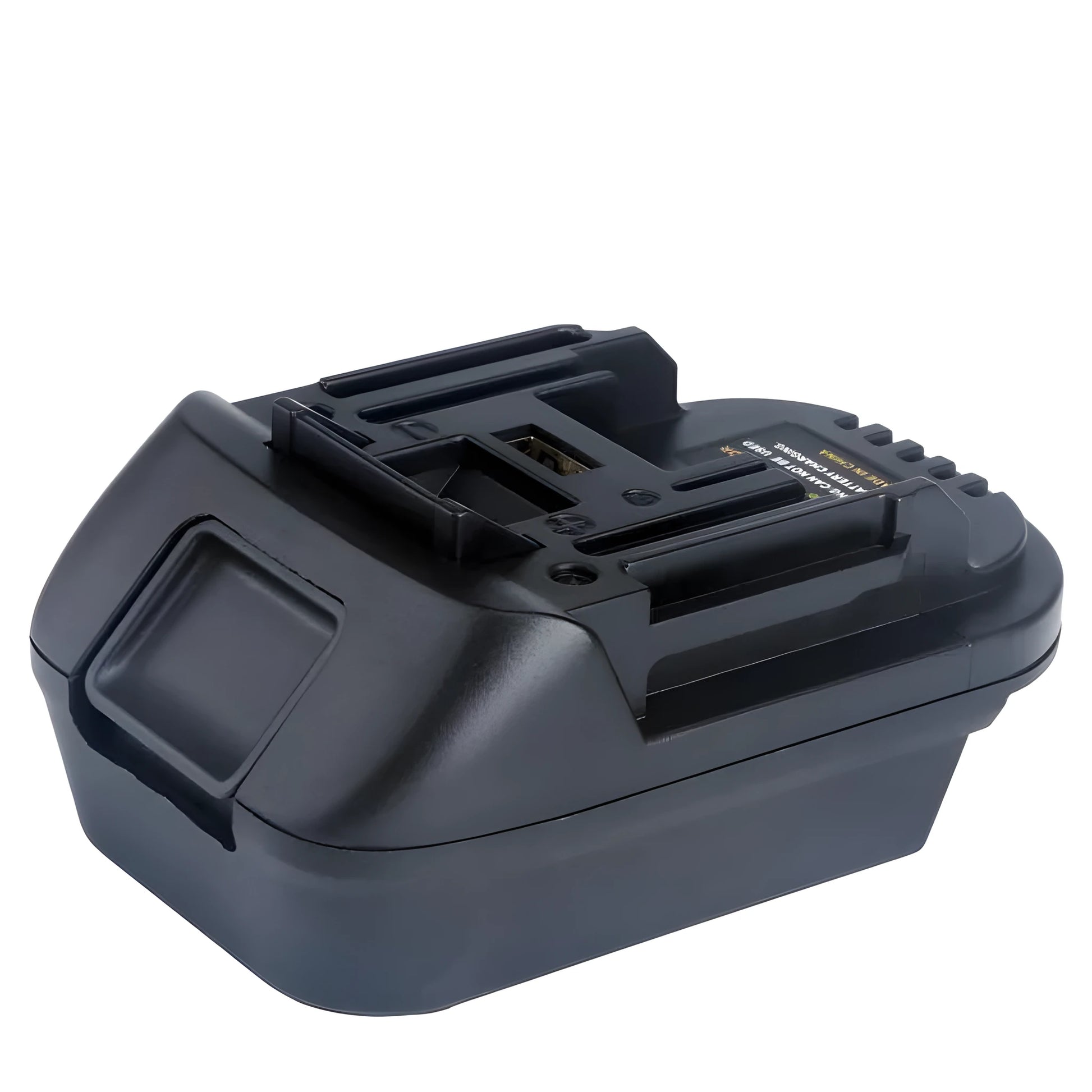 Black battery adapter for converting Milwaukee DM18M tools to MAKITA H99F batteries
