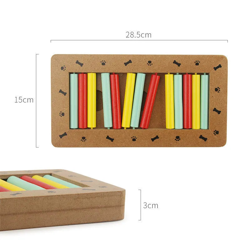 Wooden dog puzzle toy in bone type, paw print, and square styles for feeding and play