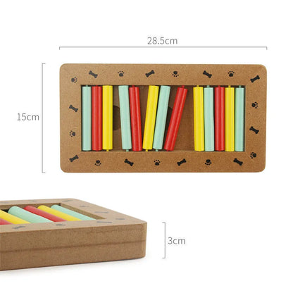 Wooden dog puzzle toy in bone type, paw print, and square styles for feeding and play