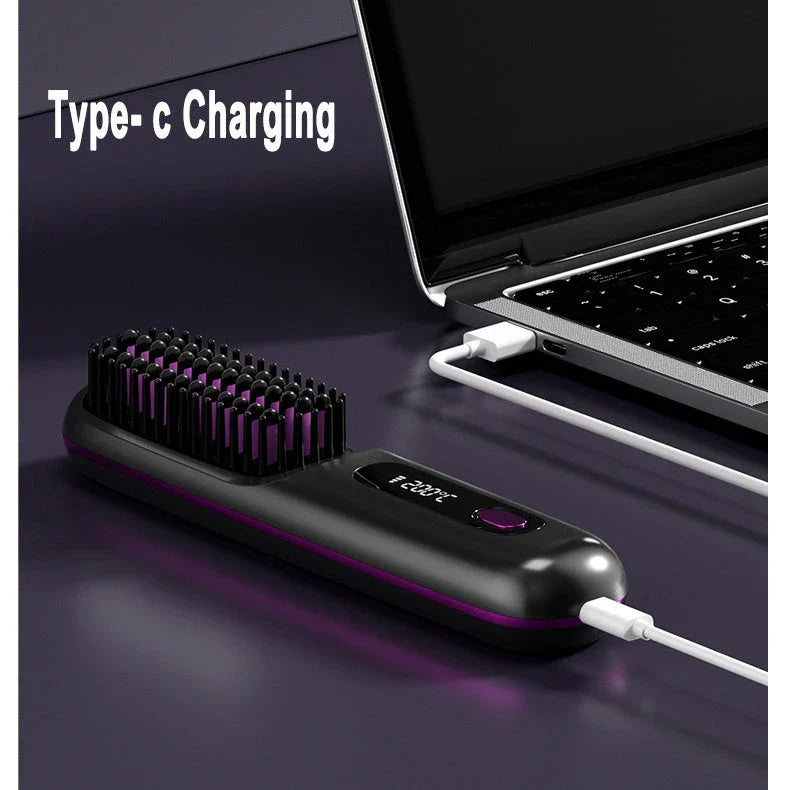 Cordless hair straightener brush with fast heating, long-lasting battery, and USB charging for effortless styling on-the-go