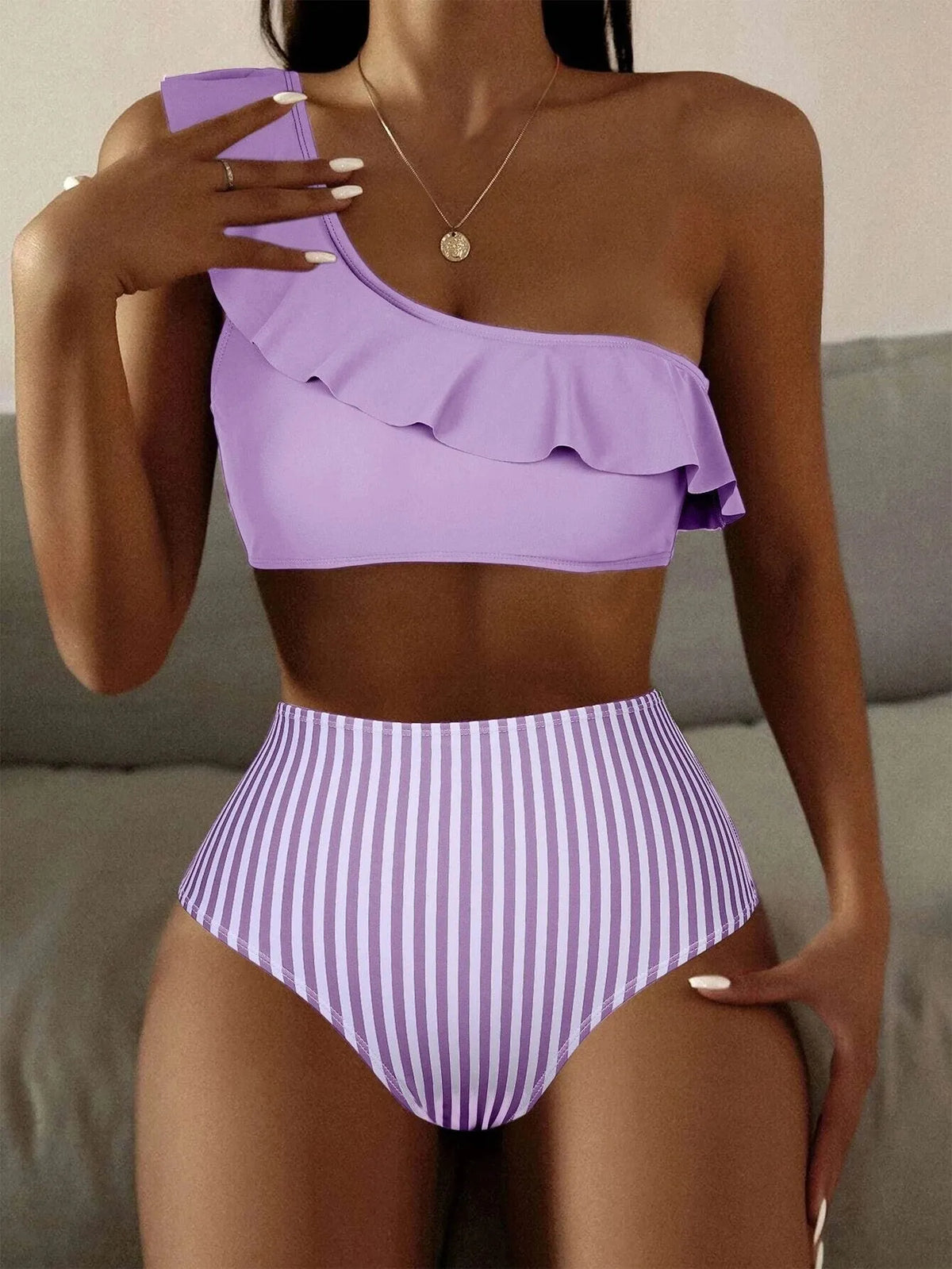 Women's striped split design bikini swimsuit in Army Green colour with V-neck sleeveless style
