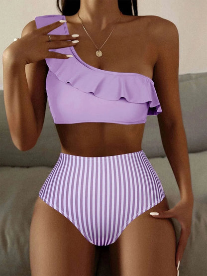 Women's striped split design bikini swimsuit in Army Green colour with V-neck sleeveless style