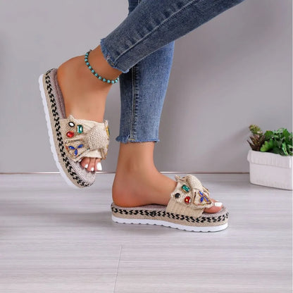 Women's platform sandals with beach bow decoration in creamy-white cloth material