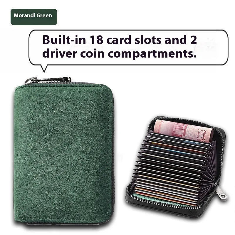 Men's suede-effect PU leather card holder with anti-degaussing protection showing card slots
